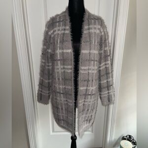 Love Ever After Gray Plaid Fuzzy Cardigan Sweater Open Front Cozy Size S NWOT